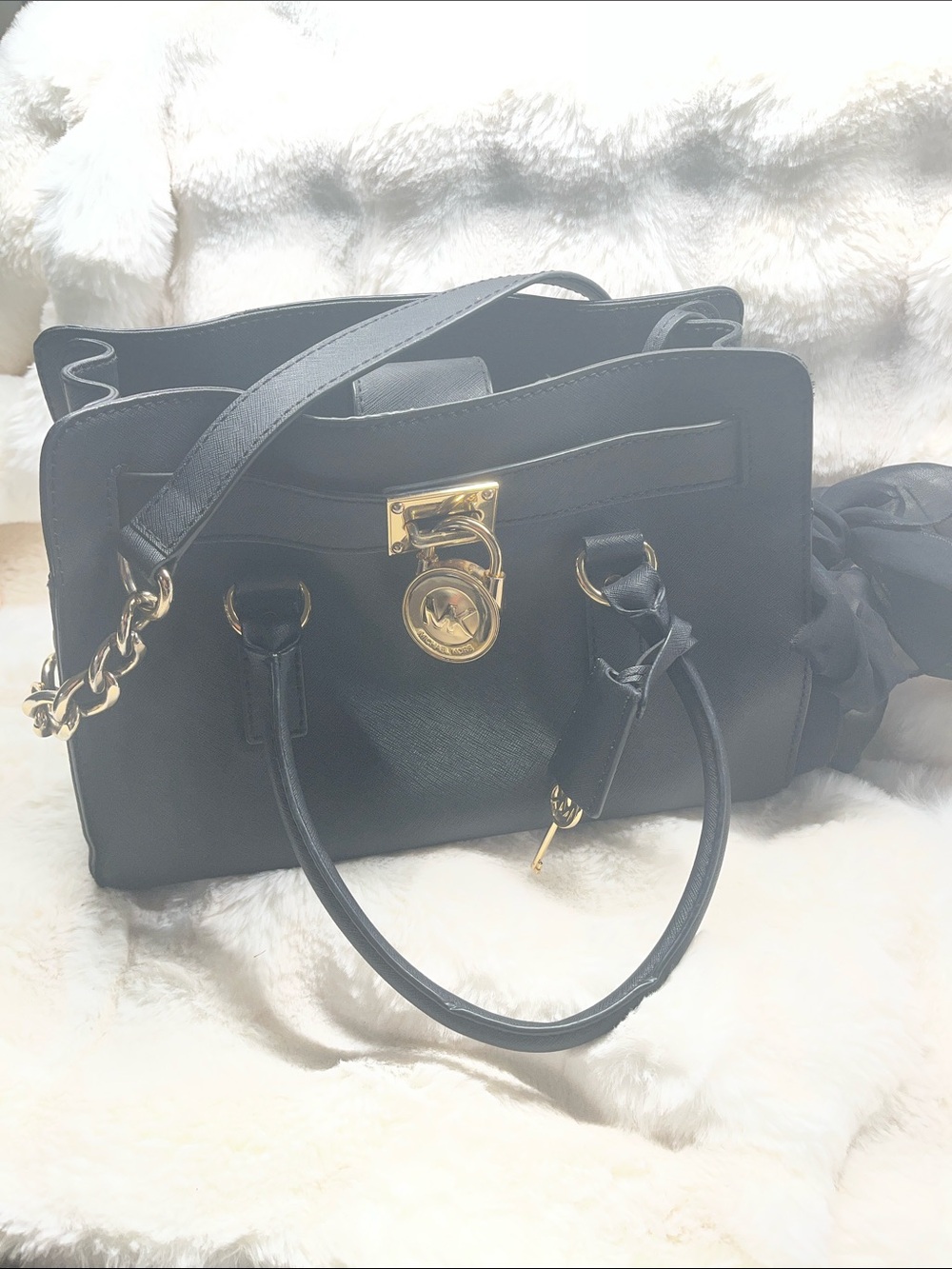 Michael Kors Black Saffiano Leather Satchel with Gold Hardware
